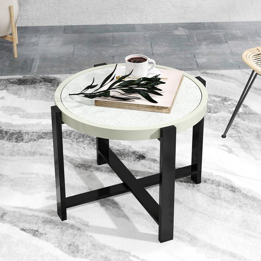 Outsunny Okrągły Mały Stół Ogrodowy, 60 cm Stolik Zewnętrzny z Blatem Ze Szkła Hartowanego Szkłem Imitującym Marmur, Aluminiowa Rama Do Ogrodu, Patio, Balkonu, Jasnoszary