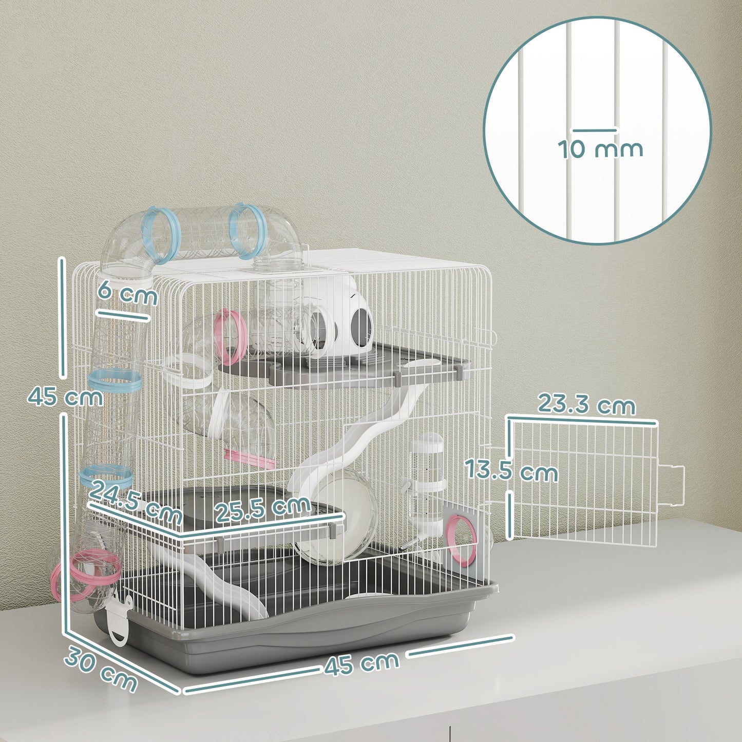 PawHut 3-Tier Hamster Cage with Exercise Wheels, Water Bottle, Food Dish, for Dwarf Hamsters, 45 x 30 x 45 cm, Grey