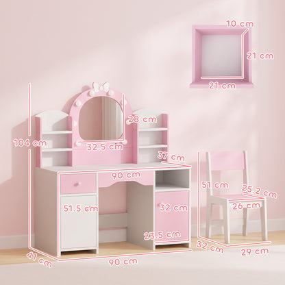 AIYAPLAY Kids Vanity Set, Kids Dressing Table with Stool, 2-Colour Lights Mirror, Cabinet, Drawer and Shelves, Pink