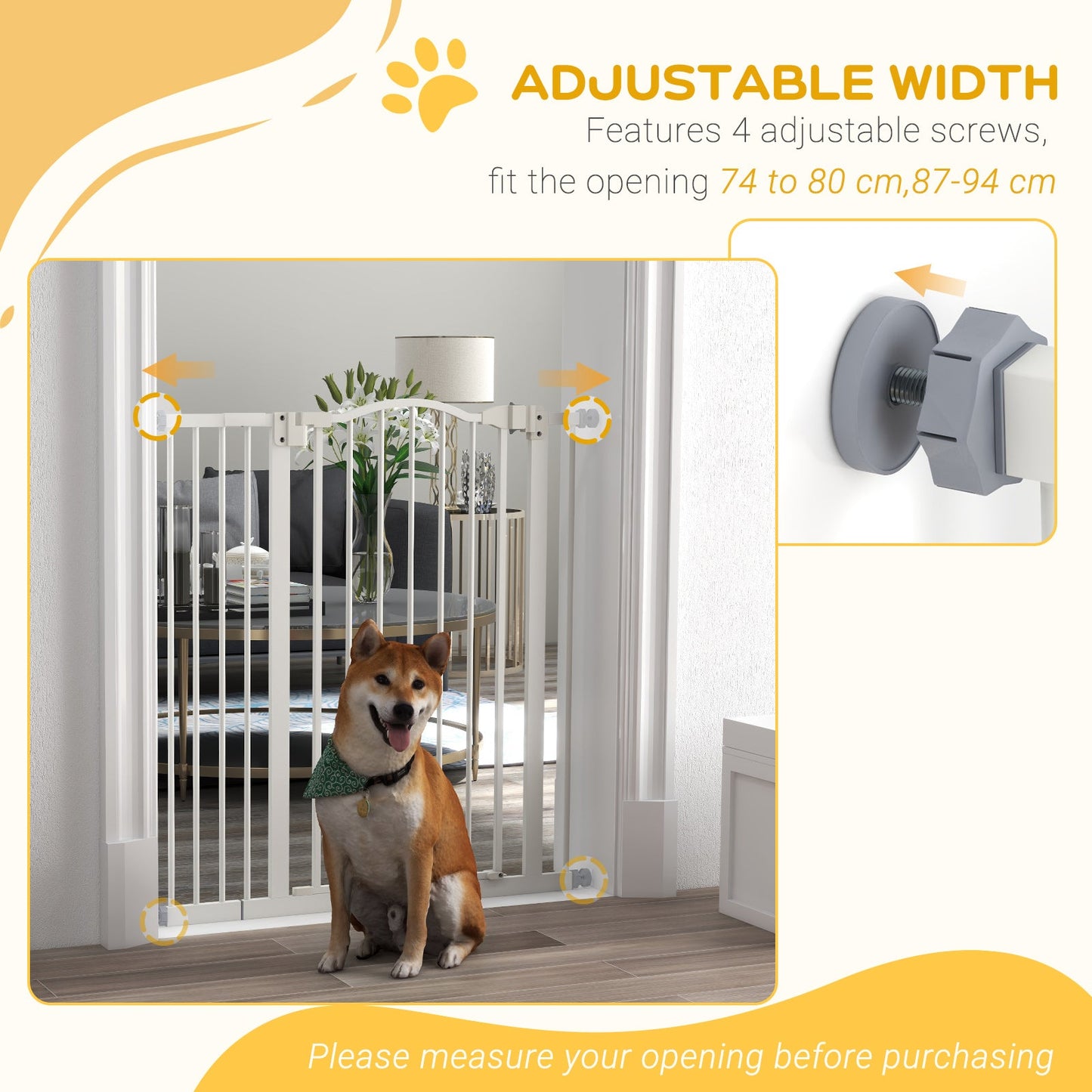 PawHut Pressure Fit Dog Stair Gate No Drilling Safety Gate Auto Close for Doorways, Hallways, 74-94cm Adjustable, 94cm Tall, White