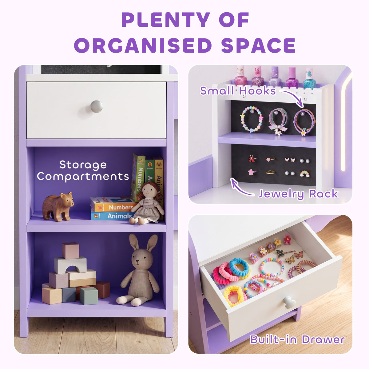 AIYAPLAY Kids Vanity Set, Kids Dressing Table with Stool, 2-Colour Lights Mirror, Pretend Dresser Gift for Ages 3-8, Purple