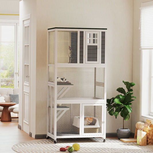 PawHut Wooden Catio Cat Outdoor Enclosure, Cat Cage with Waterproof Roof, Platforms, for Multiple Cats, White
