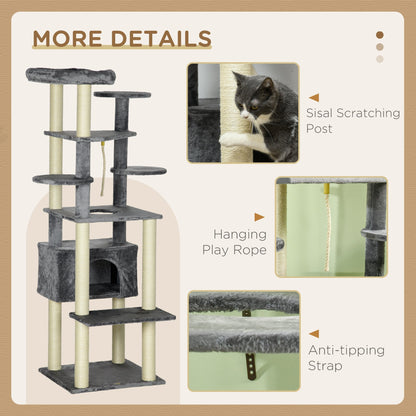 PawHut 184cm Cat Tree for Indoor Cats, Multi-level Kitten Climbing Tower with Scratching Posts, Cat Bed, Condo, Perches, Hanging Play Rope, Grey