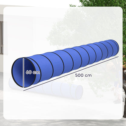 PawHut Dog Tunnel, 500 x 60 cm, Foldable Play Tunnel with 6 Pegs and Bag, Tear-Resistant Outdoor Dog Agility Equipment, Blue