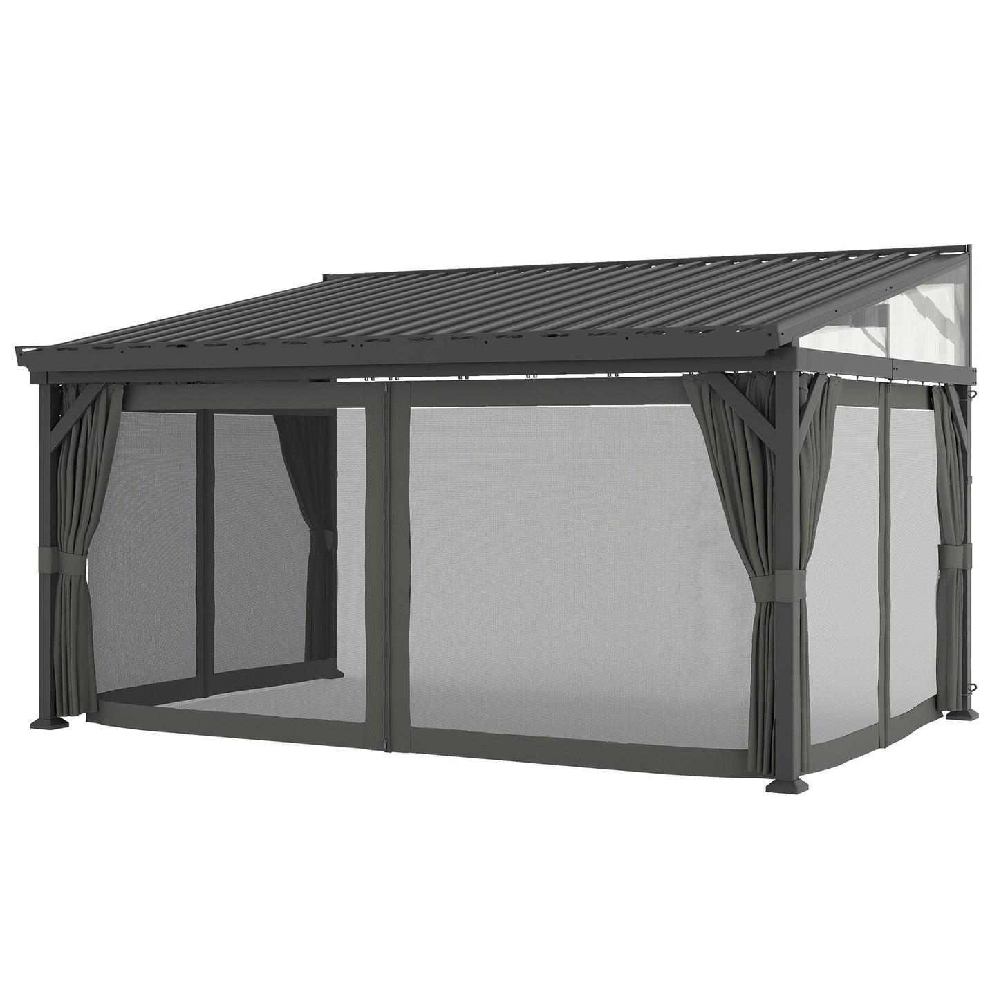 Outsunny 4.3 x 3 m Garden Pergola with Galvanised Steel Roof, Lean to Pergola Gazebo with Netting Curtains, Dark Grey