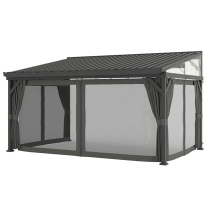 Outsunny 4.3 x 3 m Garden Pergola with Galvanised Steel Roof, Lean to Pergola Gazebo with Netting Curtains, Dark Grey