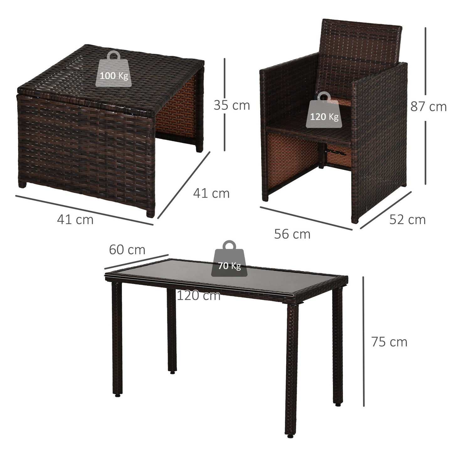 Outsunny 2 Seater Rattan Cube Garden Furniture Set, Rattan Dining Set with Cushions, Outdoor Dining Table and Chairs with 2 Armchairs, 2 Stools, Rectangular Glass Top Table for Patio, Balcony, Brown