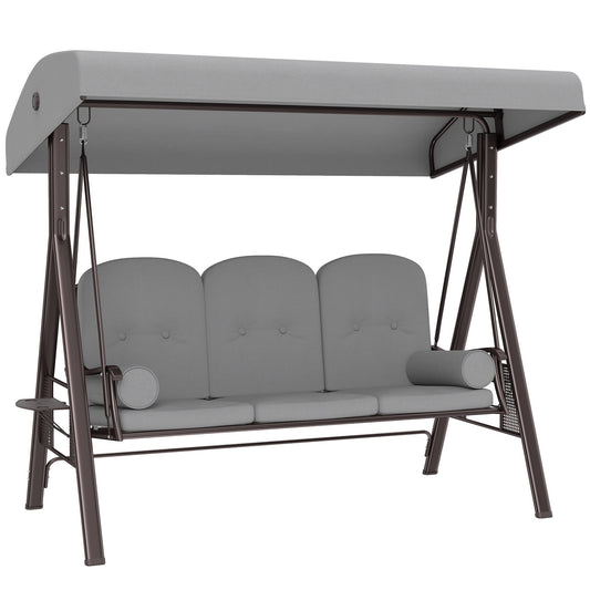 Outsunny 3 Seater Canopy Swing Chair, Outdoor Garden Swing Seat with Adjustable Canopy, Cushions and Cup Trays, Steel Frame, Light Grey