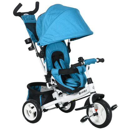 HOMCOM 6 in 1 Kids Trike with Parent Handle, Canopy, 5-point Seat Belt, Storage, Footrest, Brake, for 1-5 Years, Blue