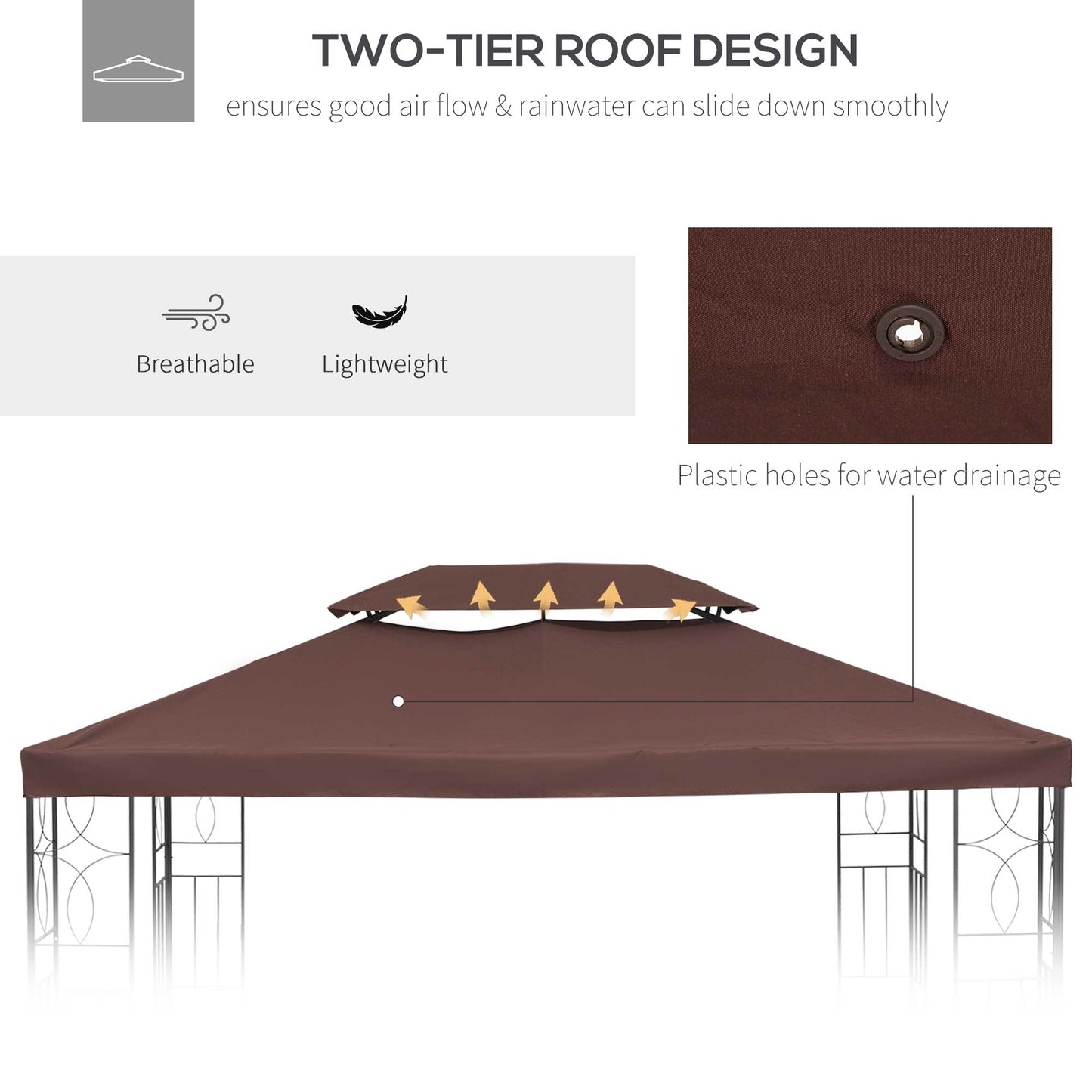 Outsunny 3x4m Gazebo Replacement Roof Canopy 2 Tier Top UV Cover Garden Patio Outdoor Sun Awning Shelters Brown (TOP ONLY)