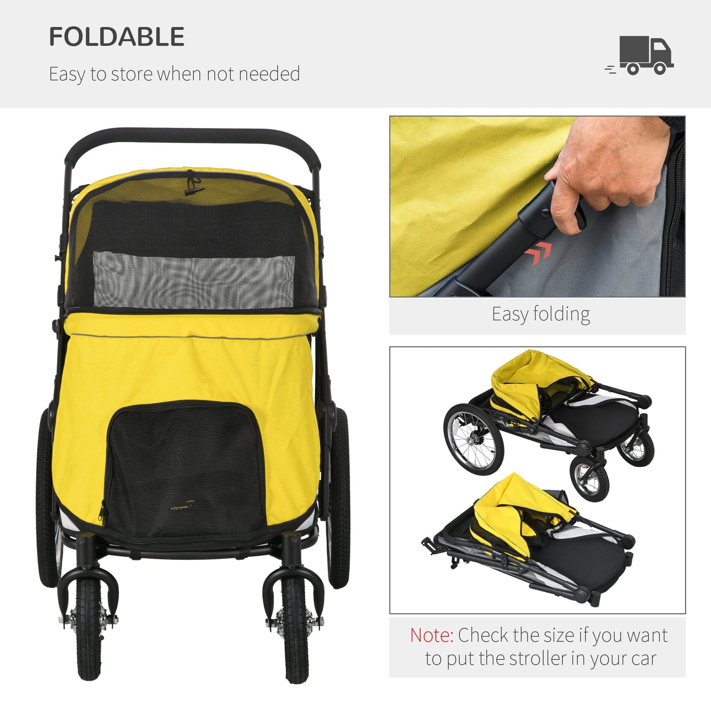 PawHut Foldable Pet Stroller with Washable Cushion, Storage Bags, Safety Leash for Medium and Large Dogs Cats Travel, Yellow