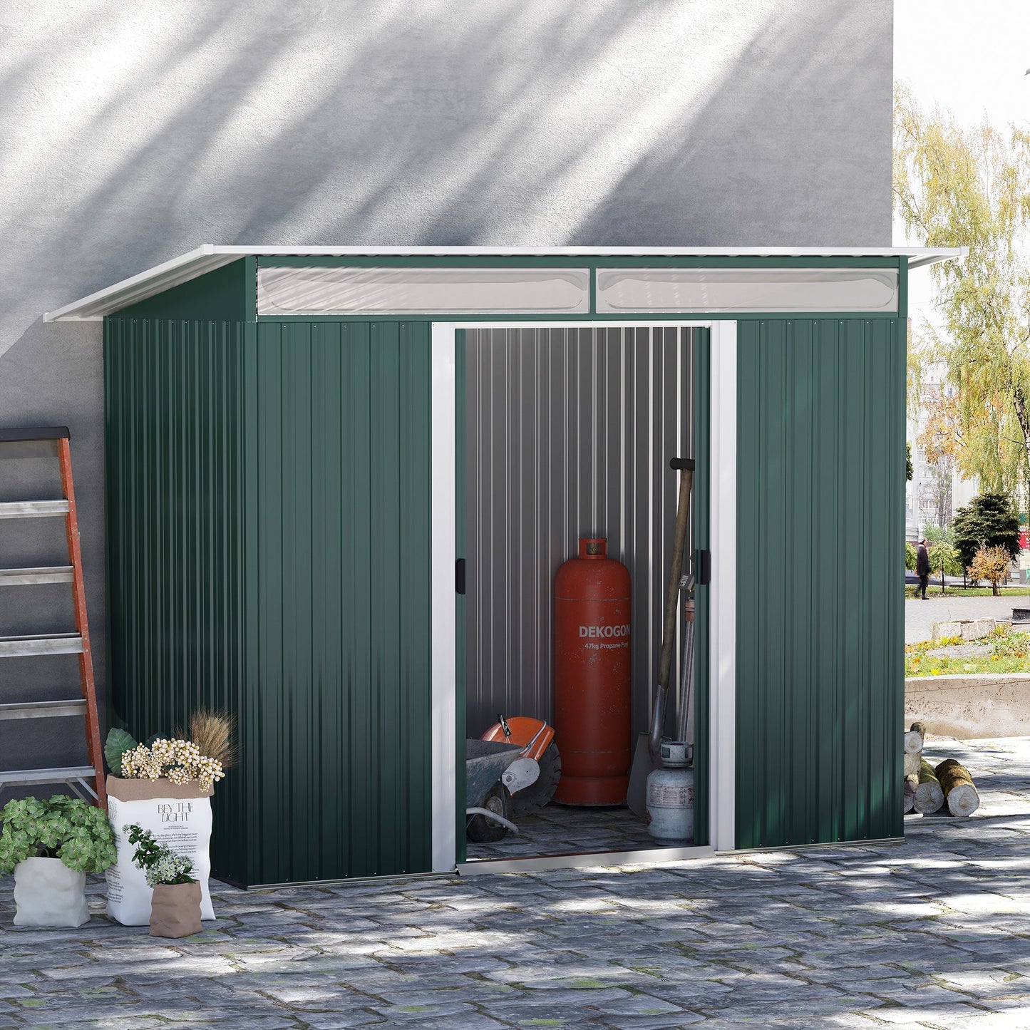 Outsunny Metal Garden Storage Shed, Tool Storage House with Double Sliding Doors and Lightsky Panels, 8.5 x 4ft