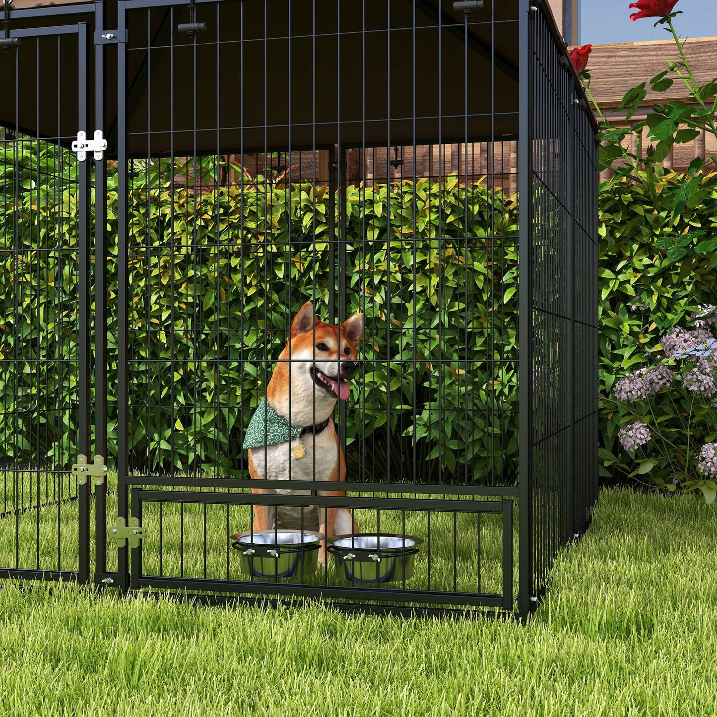 PawHut Outdoor Dog Kennel Puppy Play Pen z baldachimem Garden Playpen Fence Crate Enclosure Cage Rotating Bowl 141 x 141 x 151 cm