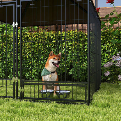 PawHut Outdoor Dog Kennel Puppy Play Pen z baldachimem Garden Playpen Fence Crate Enclosure Cage Rotating Bowl 141 x 141 x 151 cm
