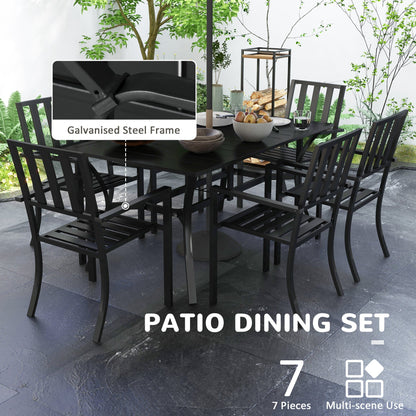 Outsunny 7 Pieces Garden Table and Chairs 6 Seater Outdoor Table and Chairs with Umbrella Hole, for Poolside, Garden, Black