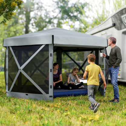 Outsunny 3 x 3(m) Sześciokątny namiot typu pop-up z 5 bokami i torbą transportową, wodoodporny, odporny na promieniowanie UV namiot imprezowy, natychmiastowe schronienie na imprezy z siatką do ogrodu, patio, jasnoszary