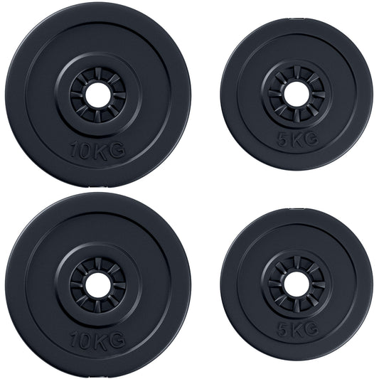 HOMCOM 4pc Durable Gym Barbell Plates W/ 1 inch Holes Weight Dumbbell Set for Exercise Fitting Gym Body Workout Disc Weight Plate Set 2 x 5kg & 2 x 10kg Black