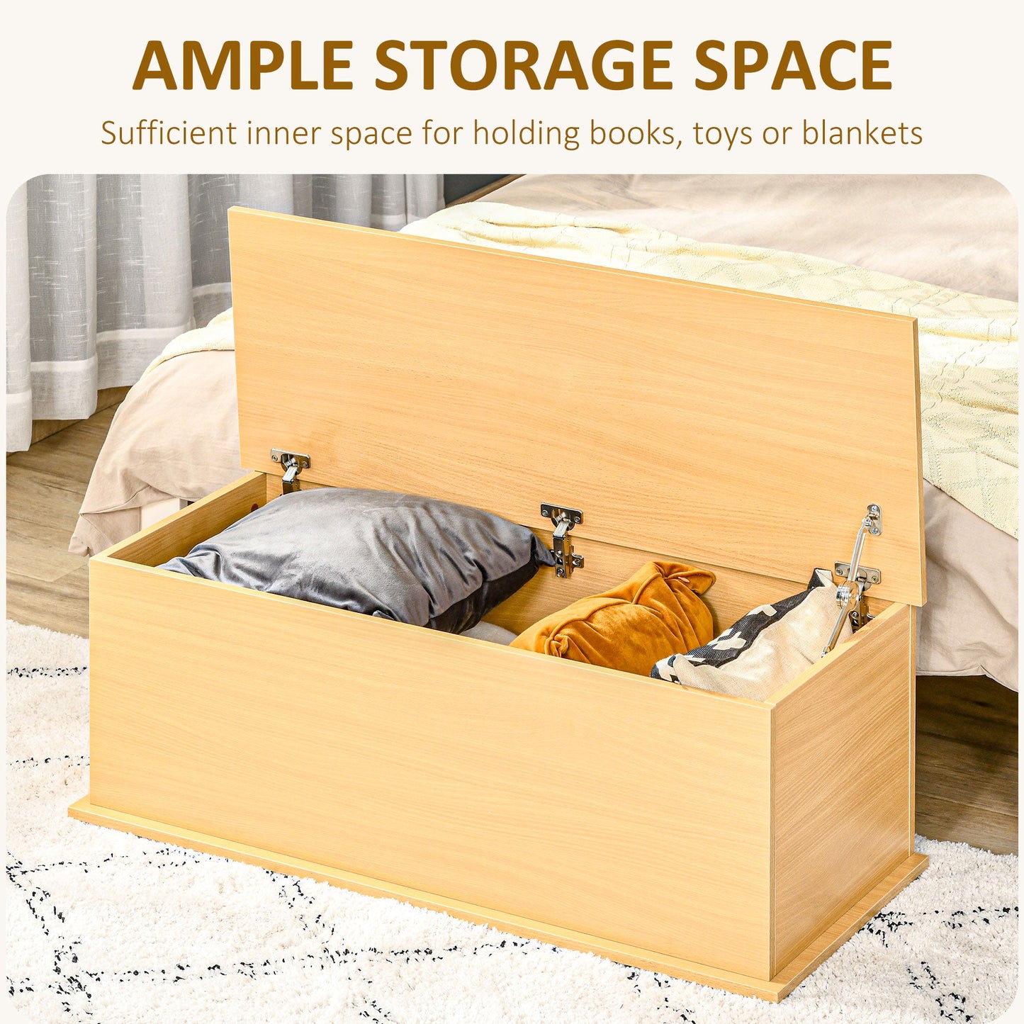 HOMCOM Wooden Storage Box Clothes Toy Chest Bench Seat Ottoman Bedding Blanket Trunk Container with Lid - Burlywood