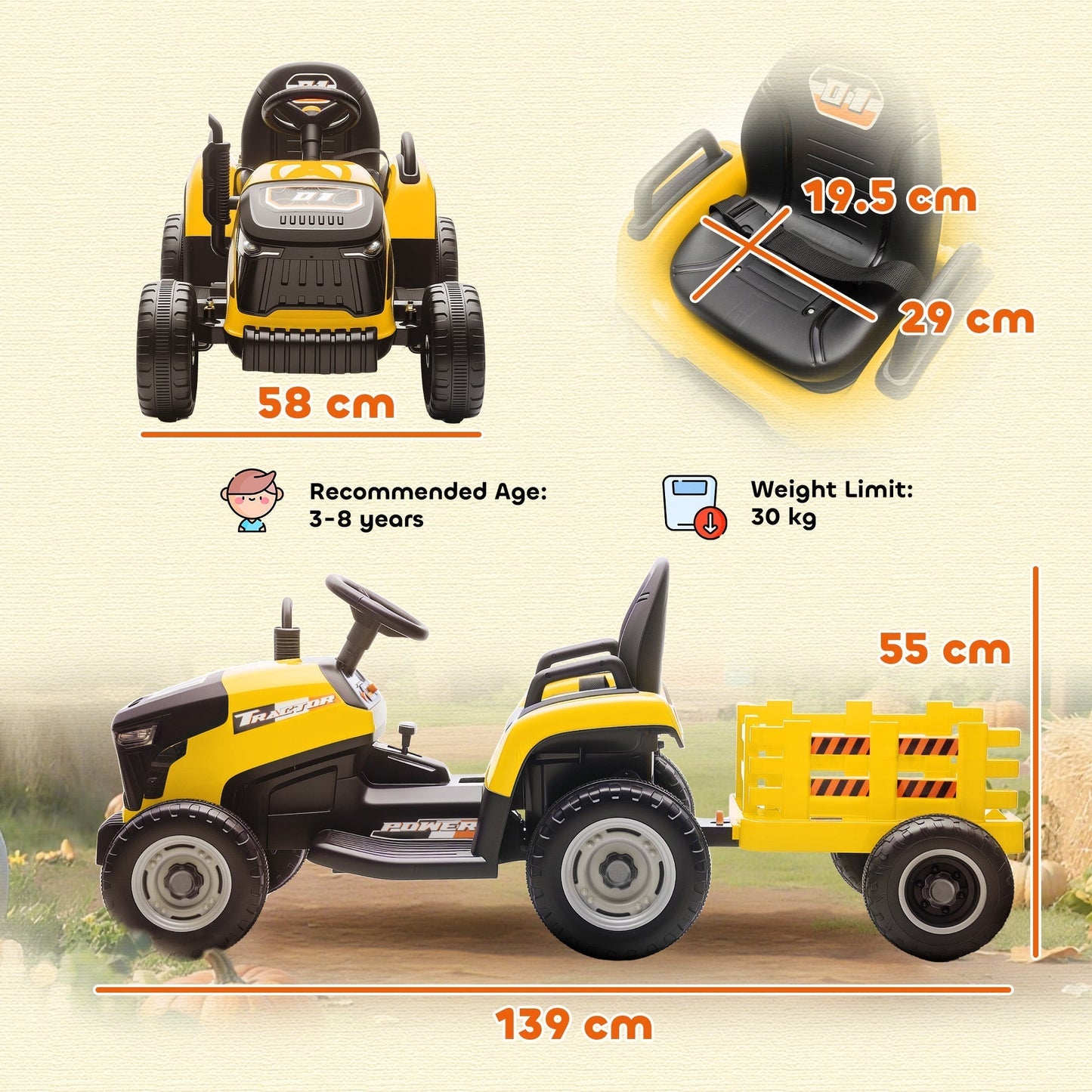 AIYAPLAY 12V Ride on Tractor and Trailer with Remote Control, Music, Shifter, Start-Up Sound, for Kids Ages 3-8 Years, Yellow