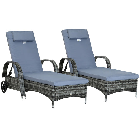 Outsunny 2PC Rattan Sun Lounger Recliner Bed Reclining Chair Patio Garden Outdoor Wicker Weave Adjustable Headrest with Fire Retardant Cushion Ð Grey