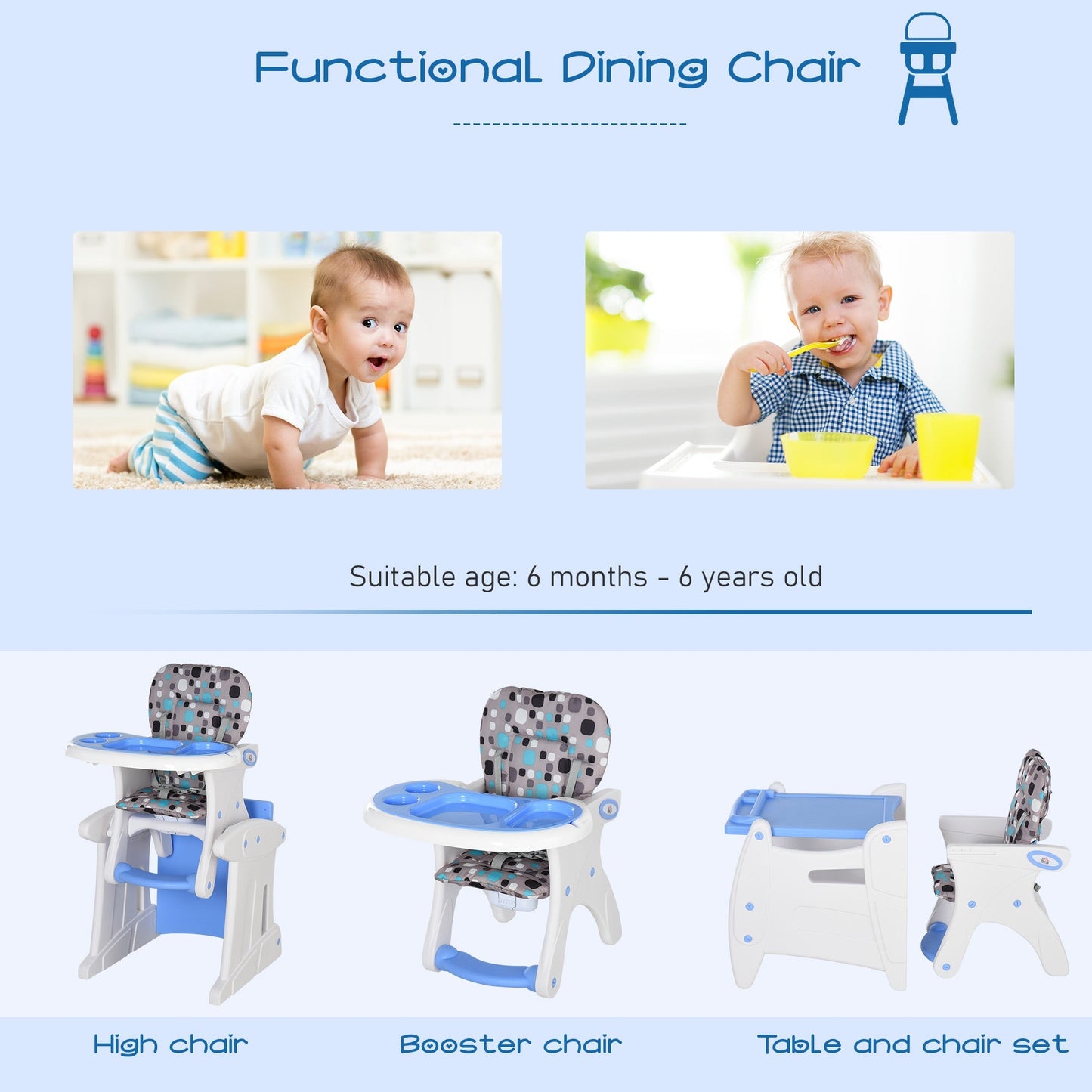 3-in-1 Baby Booster High Chair Seat Blue