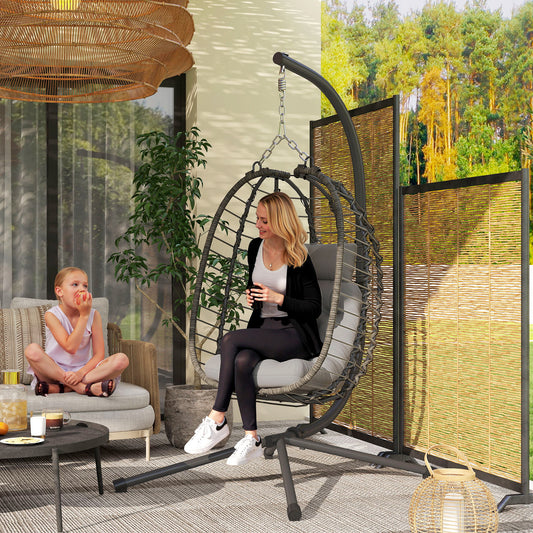 Outsunny Rattan Wiszący Fotel Jajko, Składany Wiklinowy Fotel Hamakowy z Poduszką, Stojak, Regulowana Wysokość, Poduszka Zagłówka, Stalowa Rama Do Ogrodu Patio Wewnątrz Na Zewnątrz, Jasnoszary