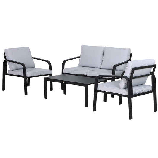 Outsunny 4 Piece Aluminium Frame Garden Dining Set w/ 2 Chairs Sofa Glass Top Table Foam Cushions Sleek Contemporary Tough Durable Grey Black