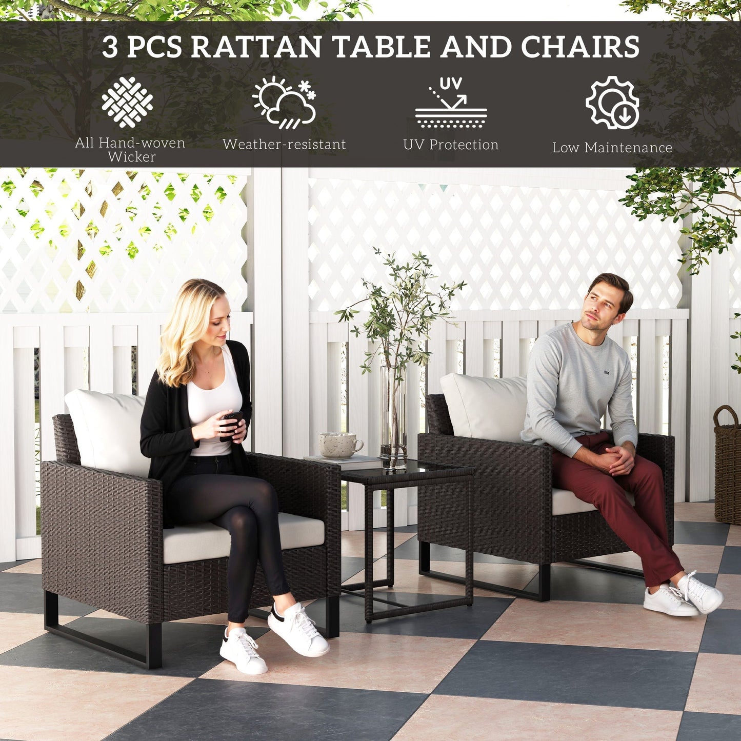 Outsunny 3 Pieces Rattan Bistro Set with 4 Cushions, Wicker Garden Furniture Set, Glass Top Coffee Table and Chairs for Outdoor Patio, Balcony, Terrace and Conservatory, Brown