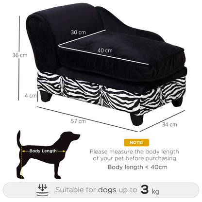 PawHut Foam Dog Bed, Elevated Pet Sofa, Cat Couch Lounger, with Storage, Removable Washable Cover, Black, Zebra Stripe Print