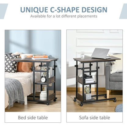 HOMCOM C-Shaped Side Table Industrial Mobile Rolling End Desk with 3-Tier Storage Shelving, Adjustable Height, Wheels