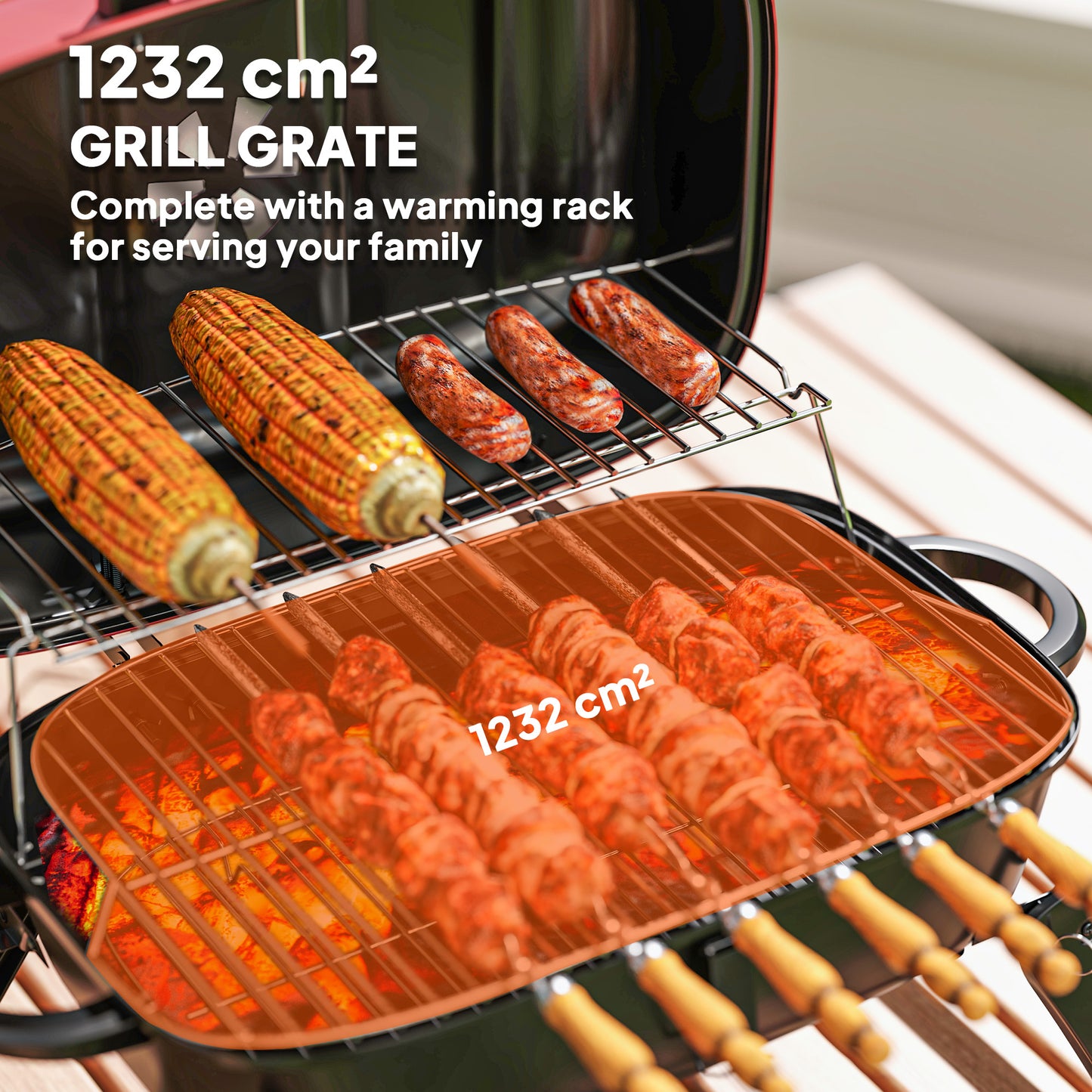 Outsunny Charcoal Barbecue Grill Folding BBQ Grill with 1232 cm√Ç¬≤ Cooking Area, Adjustable Vent, Thermometer, Handles for Camping Picnic, Red