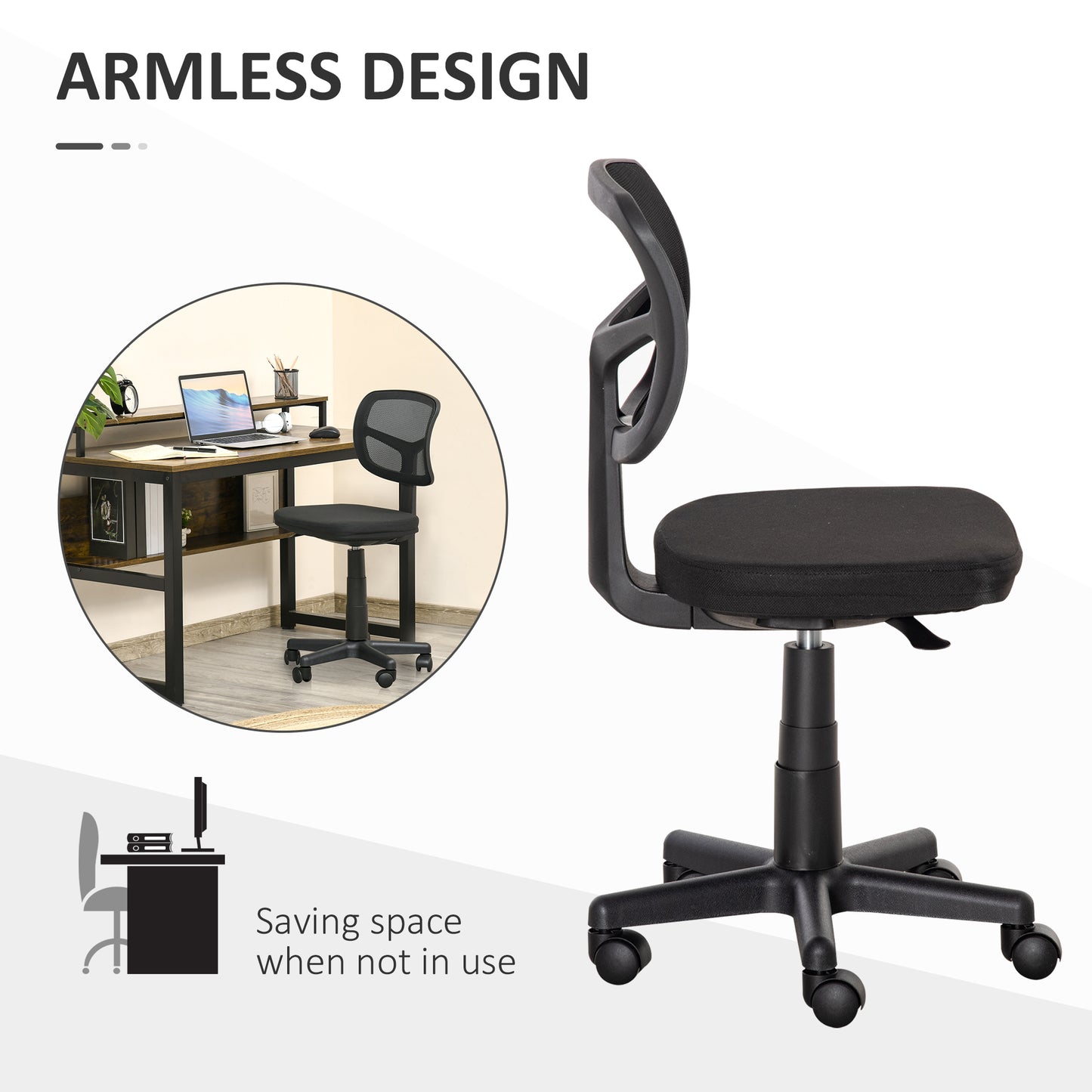 Krzesło biurowe Vinsetto Small Office Chair bez podłokietników, ergonomiczne obrotowe krzesło biurowe z siatki z zakrzywionym oparciem i kółkami, regulowana wysokość, do toaletki domowej, komputera, gabinetu, sypialni, udźwig do 120 kg