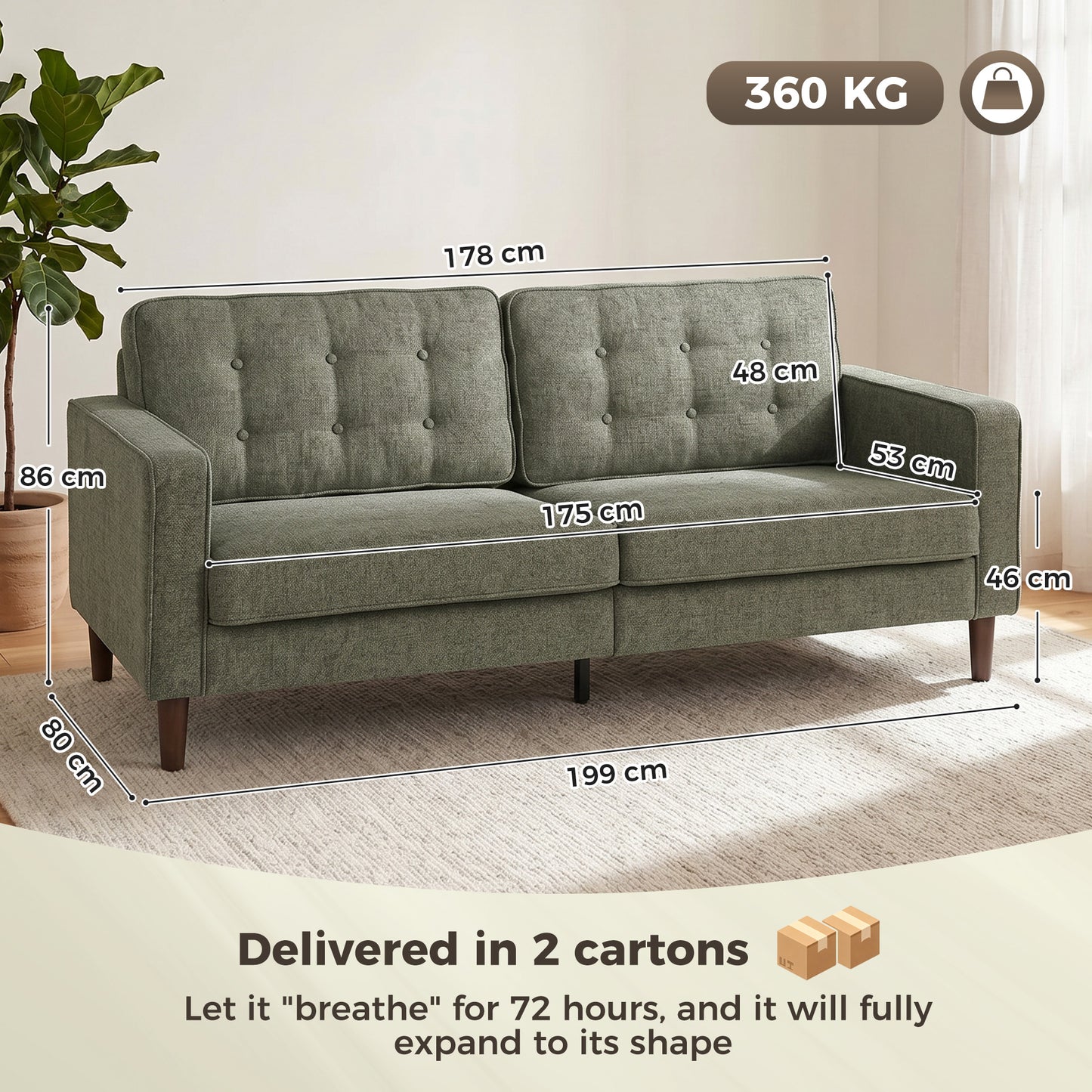 HOMCOM 3 Seater Sofa Button Tufted Upholstered Velvet Couch with Wood Legs for Living Room, Green