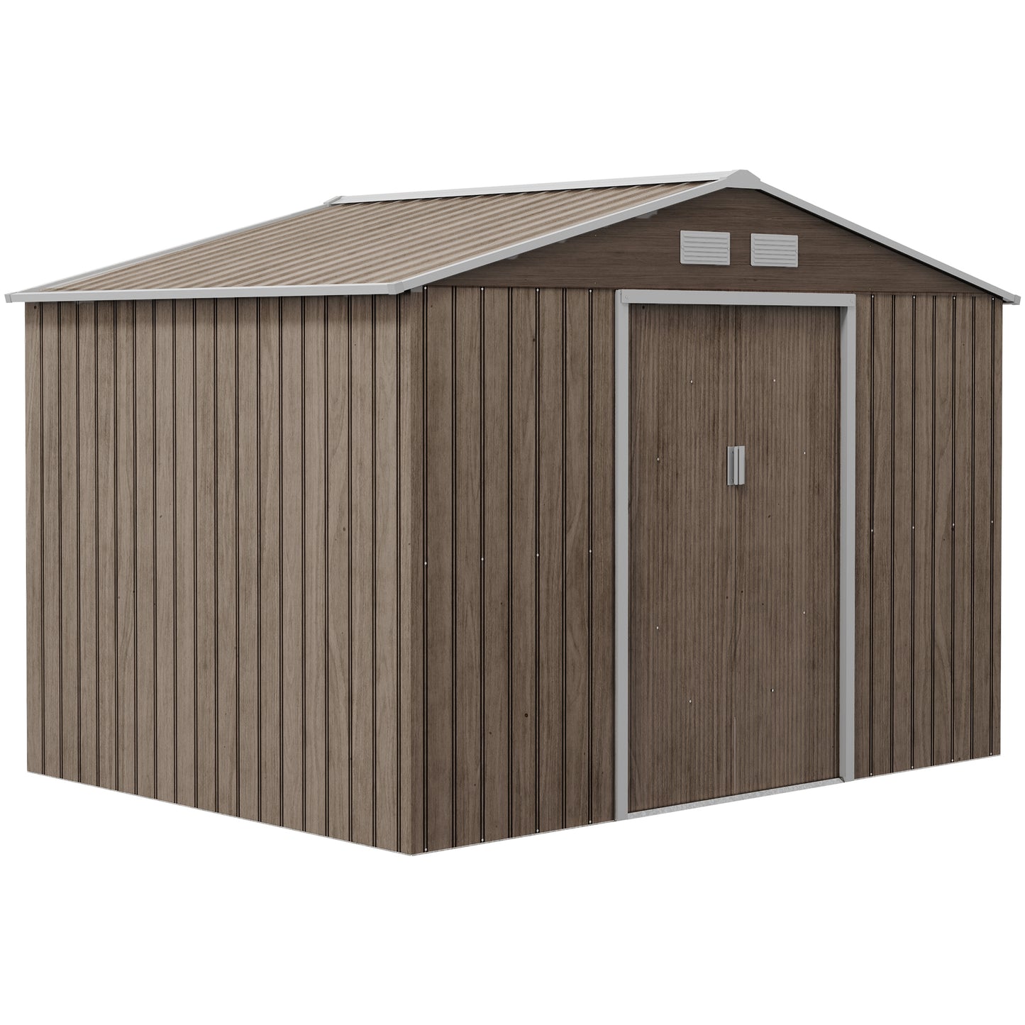 Outsunny 9 x 6ft Garden Metal Storage Shed, zewnętrzny domek narzędziowy z otworami wentylacyjnymi, fundamentem i zamykanymi podwójnymi drzwiami, brązowy
