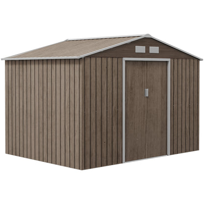 Outsunny 9 x 6ft Garden Metal Storage Shed, zewnętrzny domek narzędziowy z otworami wentylacyjnymi, fundamentem i zamykanymi podwójnymi drzwiami, brązowy