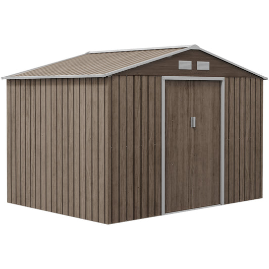 Outsunny 9 x 6ft Garden Metal Storage Shed, zewnętrzny domek narzędziowy z otworami wentylacyjnymi, fundamentem i zamykanymi podwójnymi drzwiami, brązowy