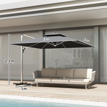 Outsunny 3(m) Parasol ogrodowy z wysięgnikiem i lampami LED zasilanymi energią słoneczną, podstawa krzyżowa, obrót 360√Ç¬∞, korba i pochylenie, szary