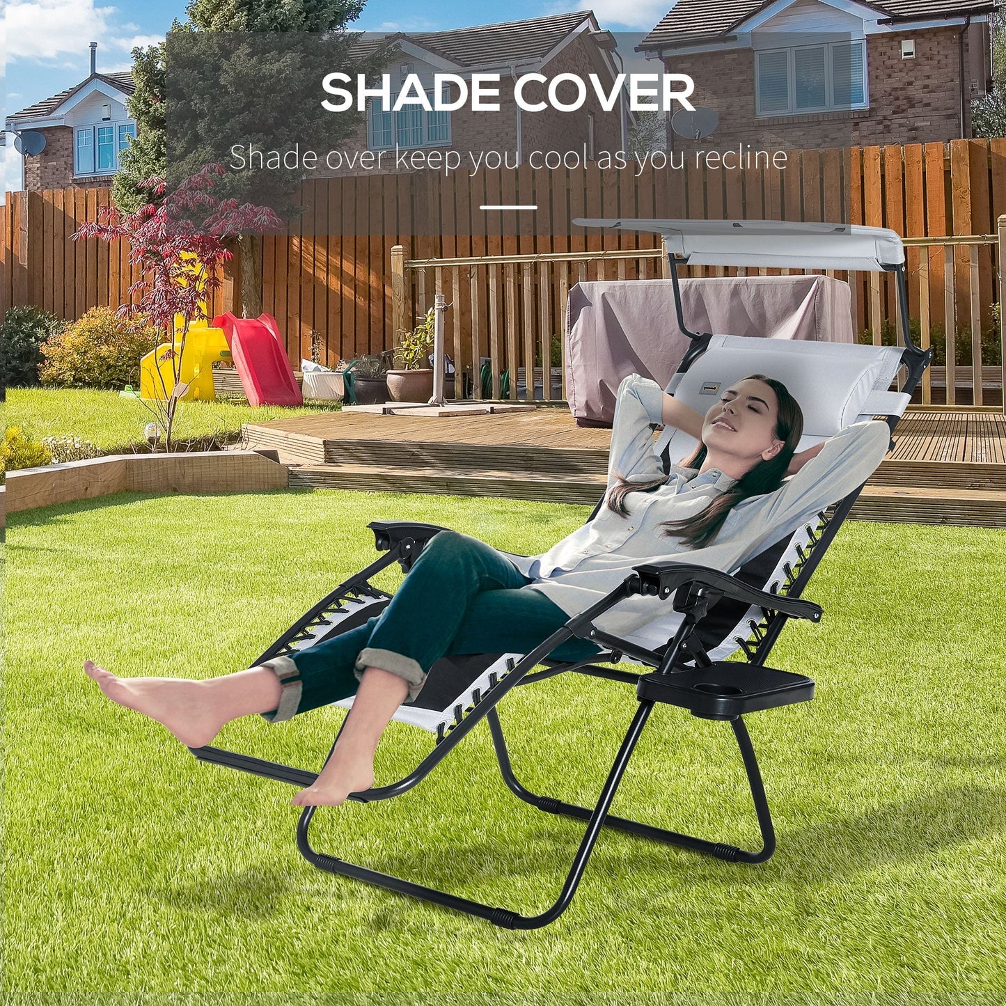 Zero Gravity Lounger Chair, Folding Reclining Patio Chair with Shade Cover, Cup Holder and Headrest for Poolside, Camping, Grey