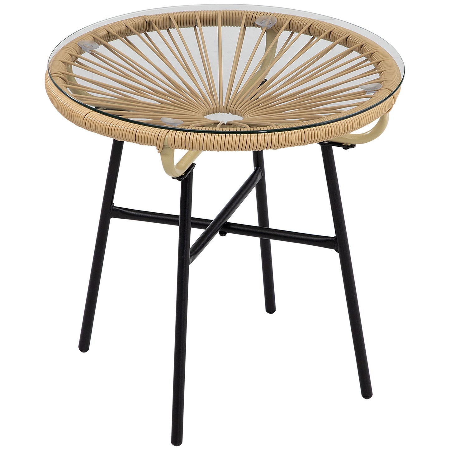 Outsunny Rattan Side Table, Round Outdoor Coffee Table, with Round PE Rattan and Tempered Glass Table Top for Patio, Garden, Balcony, Black