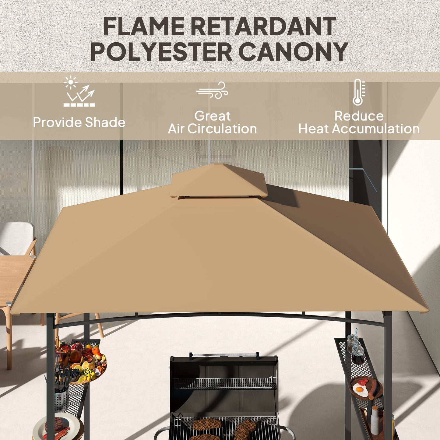 Outsunny 2.5M (8ft) Grill Gazebo Canopy, Double Tiered Outdoor BBQ Gazebo Shelter with 2 Side Shelves for Garden, Patio, Barbecue, Picnic, Khaki