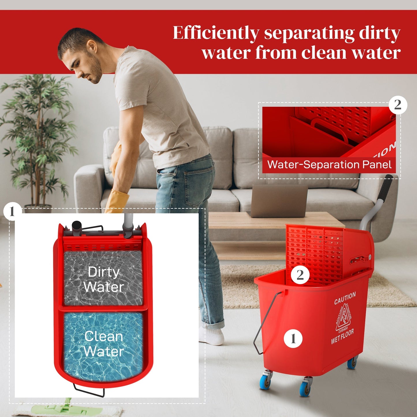 20L Mop Bucket with Wringer and Handle, Mop Bucket on Wheels for Floor Cleaning, Separate Dirty and Clean Water, Red