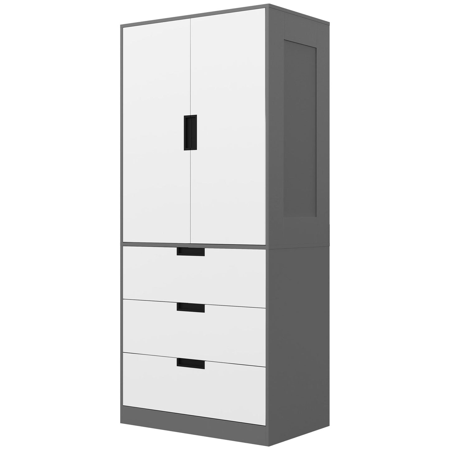 2 Door Wardrobe, Modern Wardrobe with 3 Drawers and Hanging Rod for Bedroom, Grey