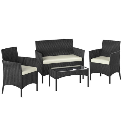Outsunny 4 Piece Rattan Garden Furniture Sofa Set with Loveseat, Armchairs, Glass-Top Coffee Table and Cushions, Cream White