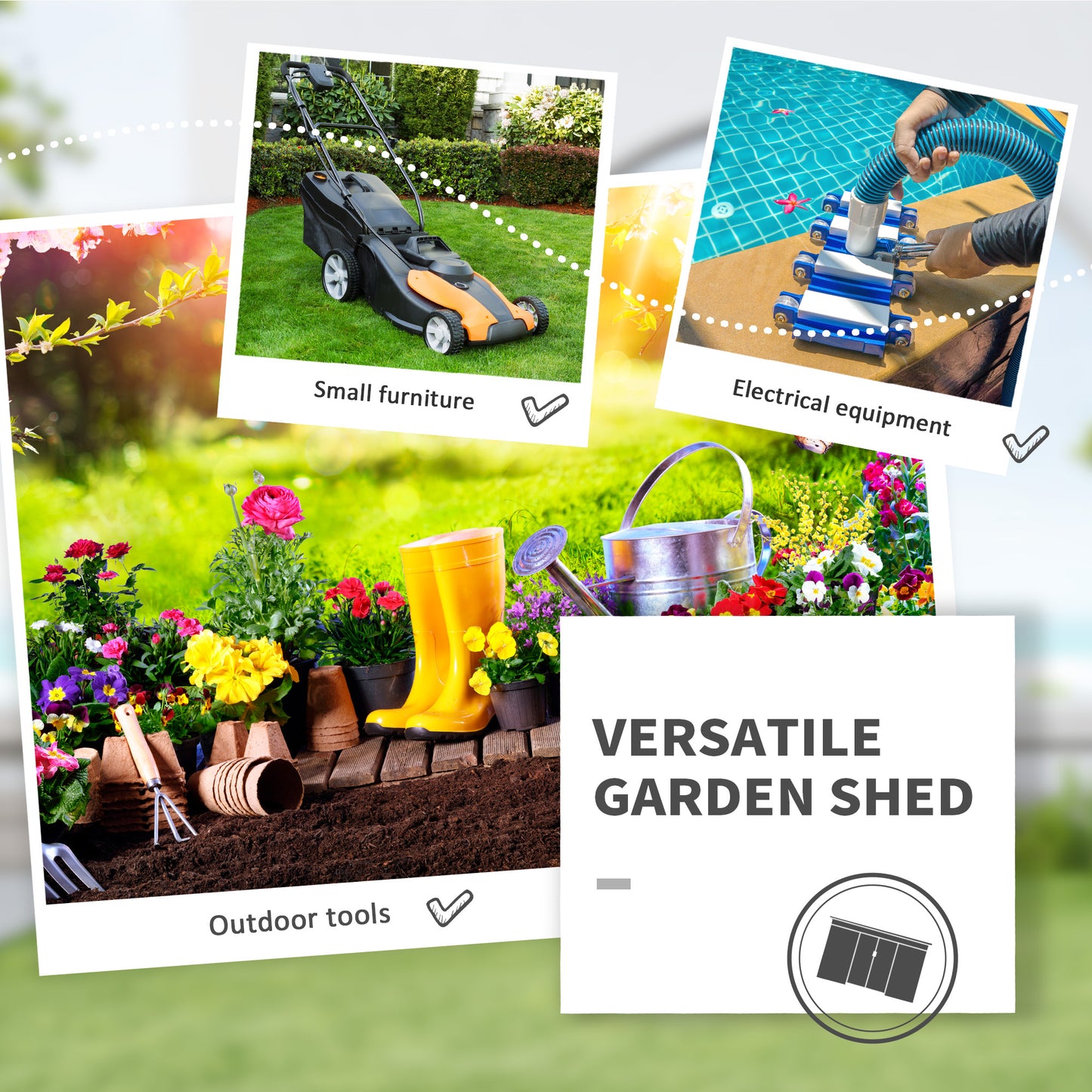 سقيفة تخزين الأدوات المعدنية من Outsunny Garden مع باب منزلق، وسقف مائل وأساس أرضي، 152 × 132 × 188 سم، أخضر
