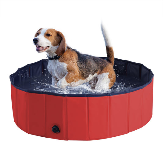 PawHut Foldable Dog Paddling Pool Pet Cat Swimming Pool Indoor/ Outdoor Collapsible Summer Bathing Tub Shower Tub Puppy Washer, _ 100 x 30H cm, Red