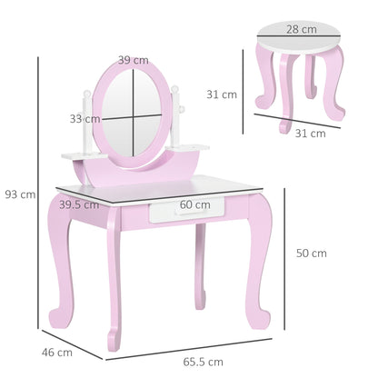 ZONEKIZ Kids Dressing Table Set Kids Vanity Set Girl Makeup Desk with Mirror Stool Drawer Round Legs for 3-6 Years Old, Pink