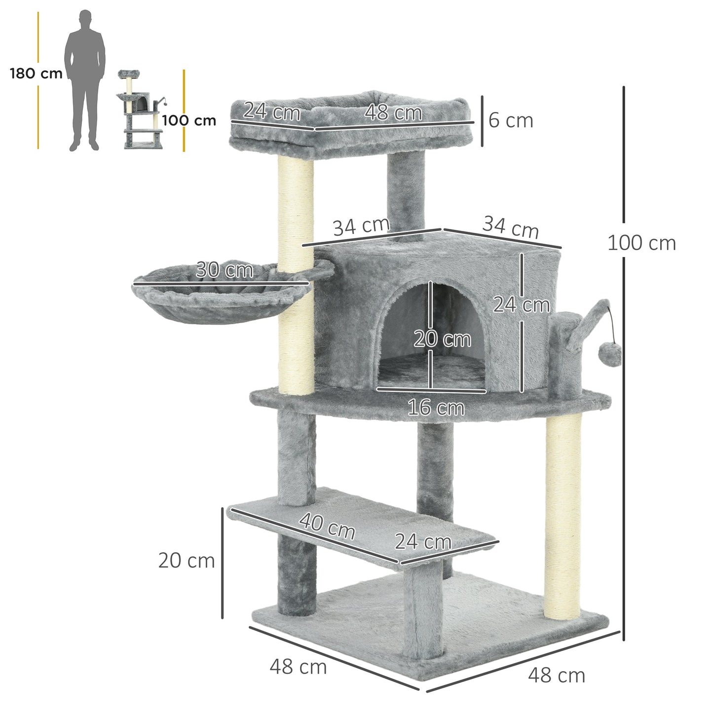 PawHut Sisal 100cm Cat Tree Tower with Sisal Scratching Post Grey