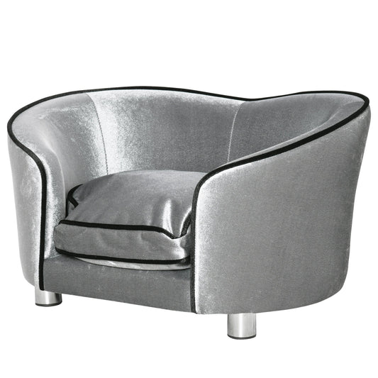 PawHut Dog Sofa Pet Chair, Kitten Bed Couch w/ Drewniana rama, zdejmowana poduszka - Srebrny i szary