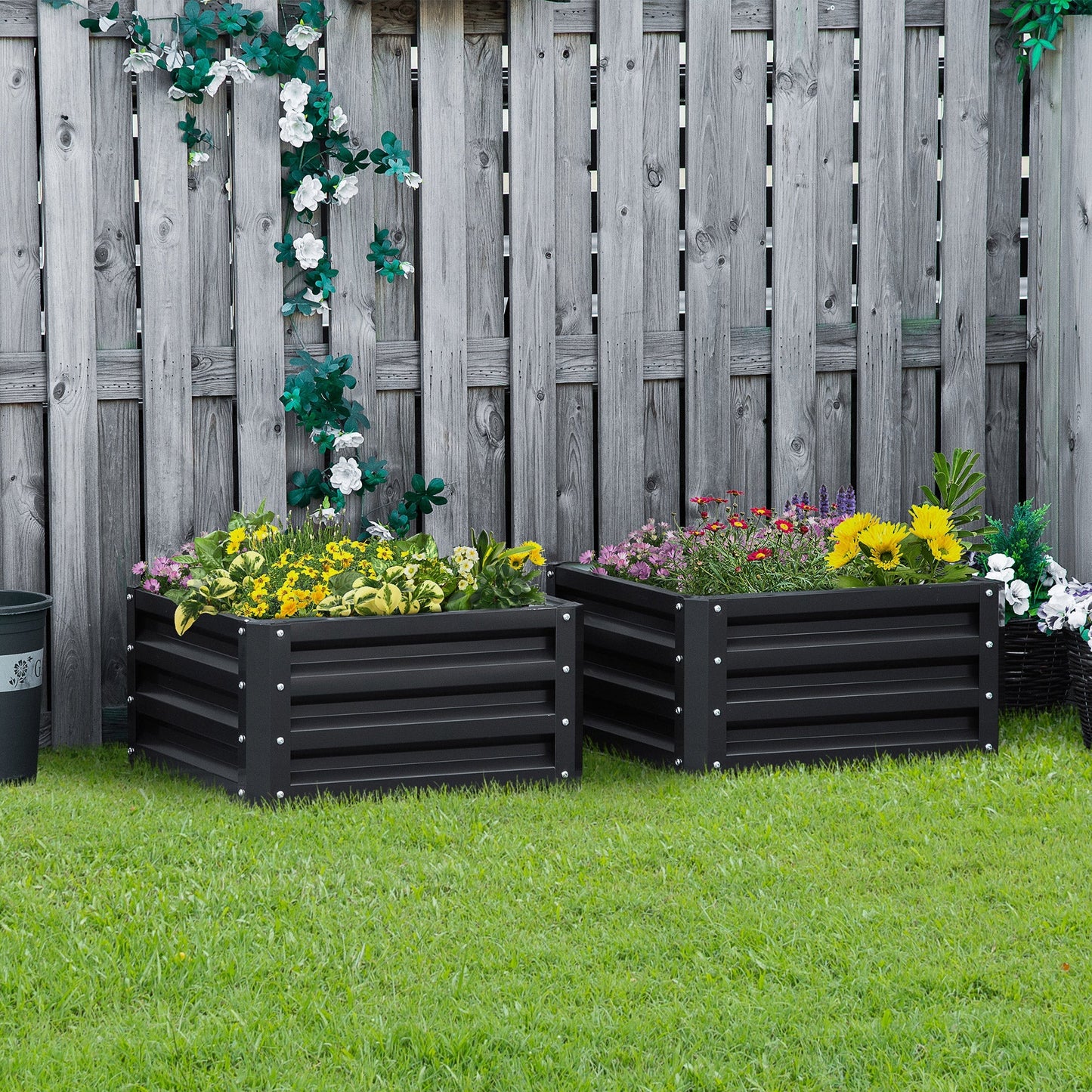 Outsunny Set of 2 Raised Garden Bed, Outdoor Elevated Galvanised Planter Box for Flowers, Herbs, 60x60x30.5cm, Grey