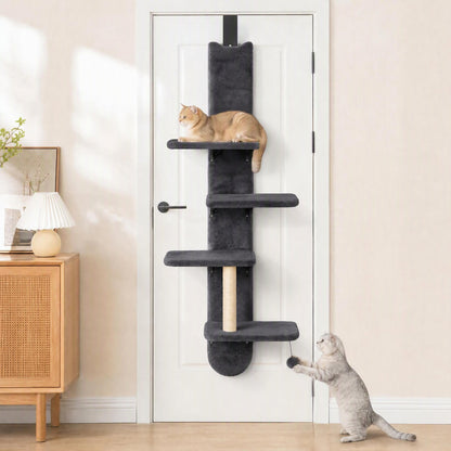 PawHut Door Hanging Cat Shelf, 4-Level Over Door Cat Climber with Platforms, Scratching Post and Hanging Ball, Dark Grey